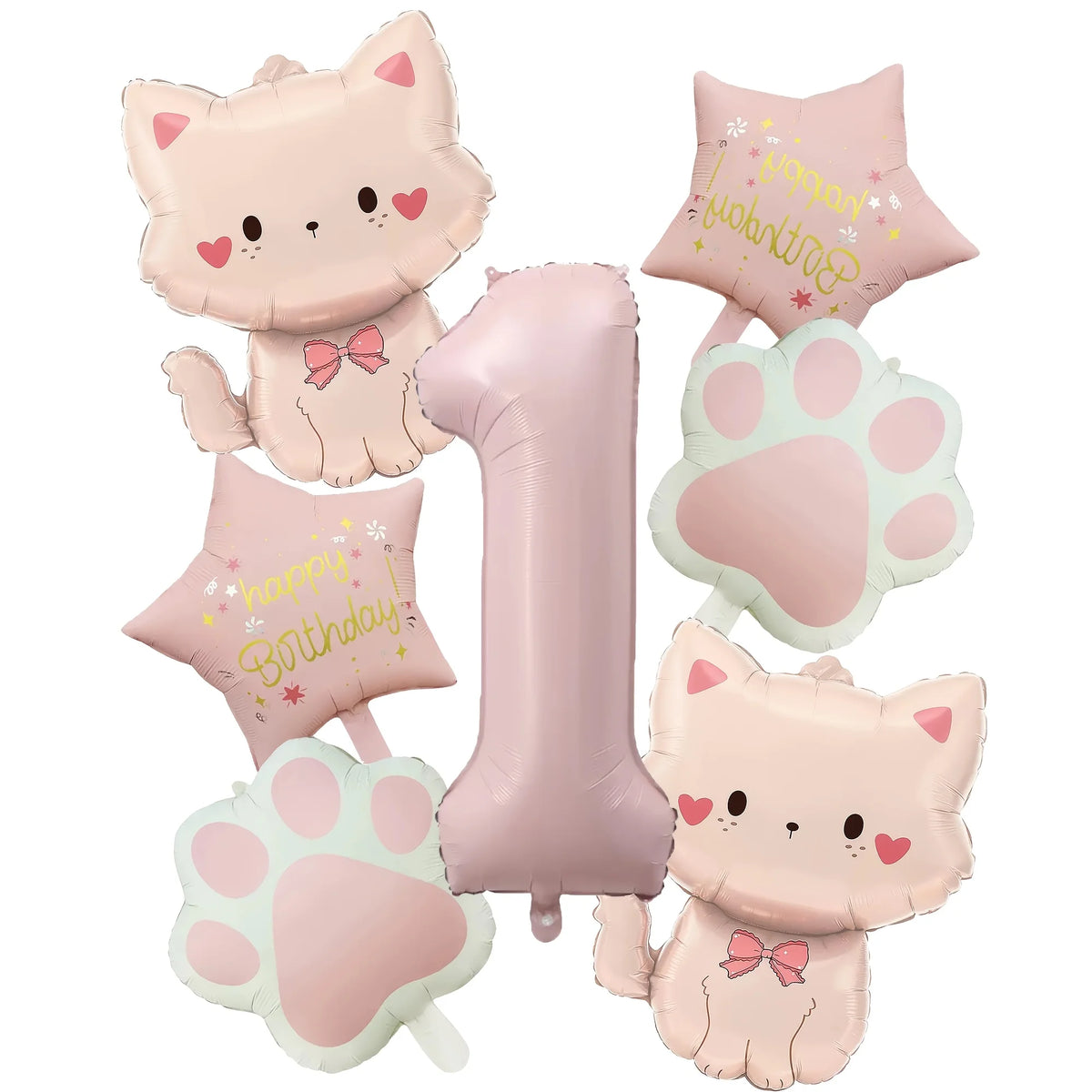 Ballons anniversaire chat rose | Lot de 7 pièces