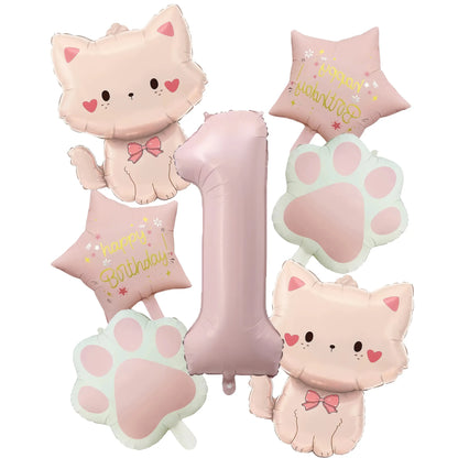 Ballons anniversaire chat rose | Lot de 7 pièces