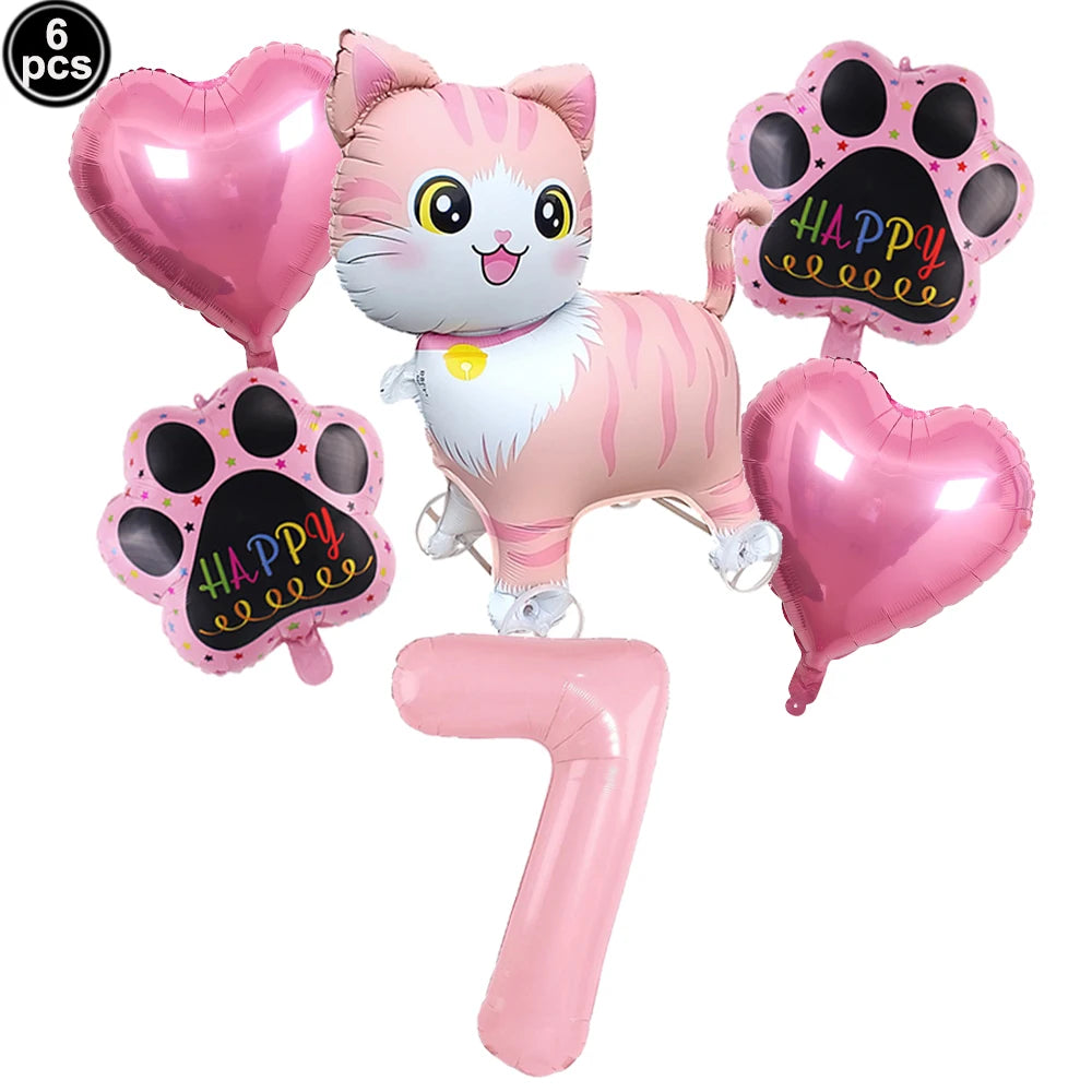 Cat Party Balloons Set Pink Blue Kitten Cat's Paw Foil Balloon with 32'' Number Balloons for Boy Girl 1-9th Birthday Party Decor