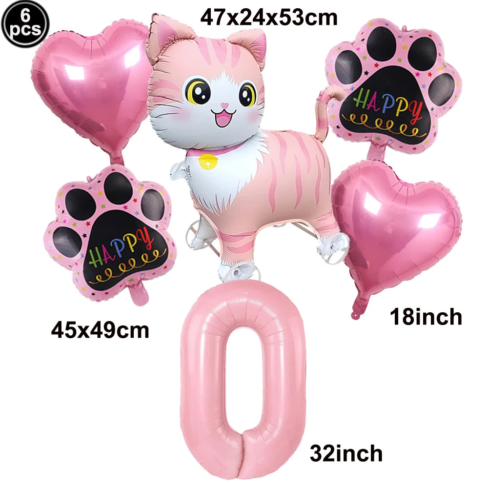Cat Party Balloons Set Pink Blue Kitten Cat's Paw Foil Balloon with 32'' Number Balloons for Boy Girl 1-9th Birthday Party Decor