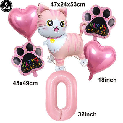 Cat Party Balloons Set Pink Blue Kitten Cat's Paw Foil Balloon with 32'' Number Balloons for Boy Girl 1-9th Birthday Party Decor