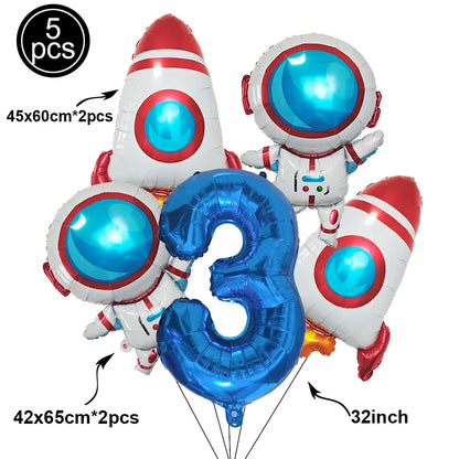 1Set Galaxy Space Balloons Blue 32inchNumber Balloons Rocket Astronaut Balloons for Boys Galaxy Themed Party Birthday Decoration