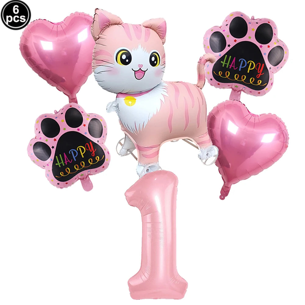 Cat Party Balloons Set Pink Blue Kitten Cat's Paw Foil Balloon with 32'' Number Balloons for Boy Girl 1-9th Birthday Party Decor