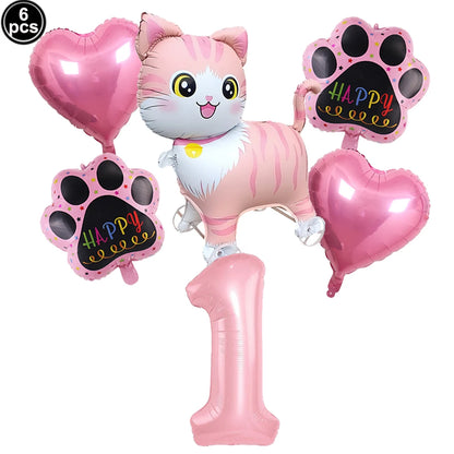 Cat Party Balloons Set Pink Blue Kitten Cat's Paw Foil Balloon with 32'' Number Balloons for Boy Girl 1-9th Birthday Party Decor