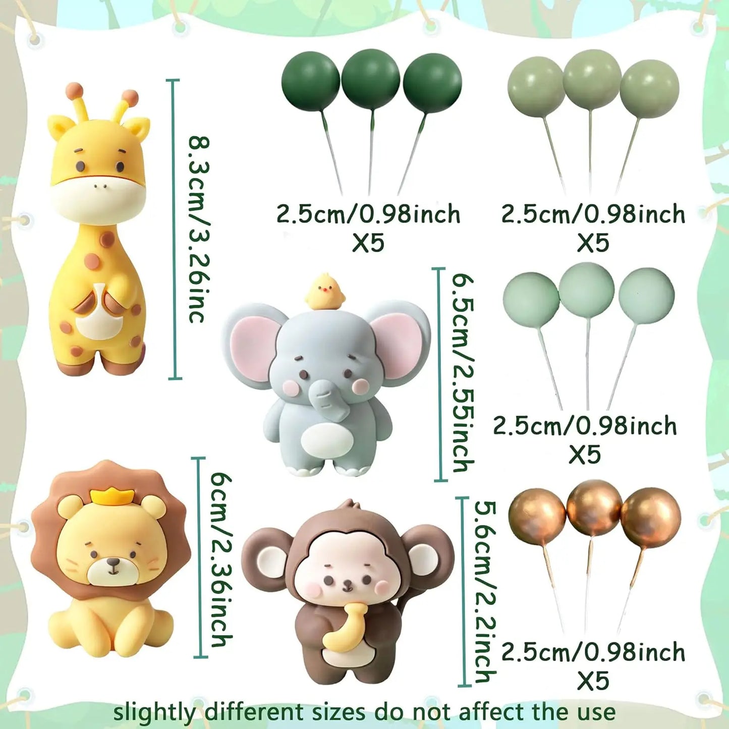 Cake Toppers Safari | Vert Sauge et Or 24 pièces