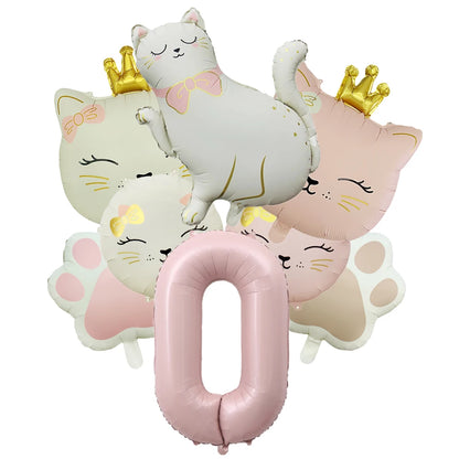 Ballons Anniversaire Chat Rose avec Chiffre | Lot de 7 pièces