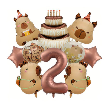 10Pcs Cartoon Animal Capybara Theme Birthday Cake Foil Balloon Children Birthday Party Coffee Number  Balloon Baby Shower Decora