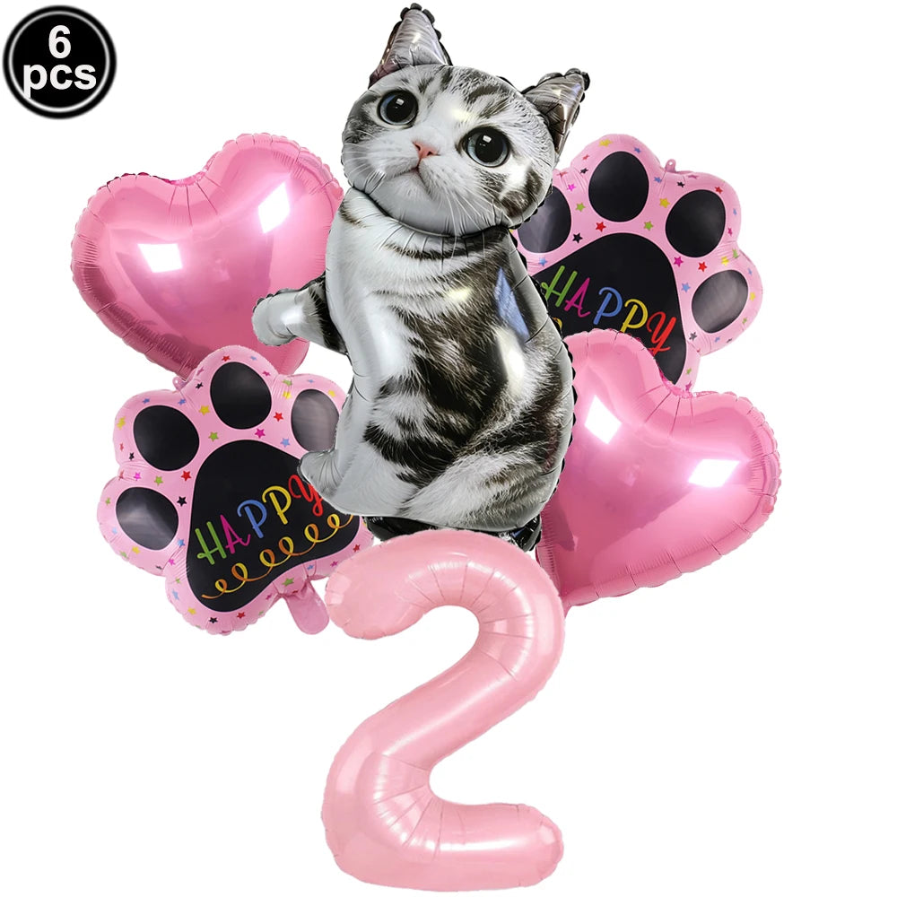 Cat Party Balloons Set Pink Blue Kitten Cat's Paw Foil Balloon with 32'' Number Balloons for Boy Girl 1-9th Birthday Party Decor