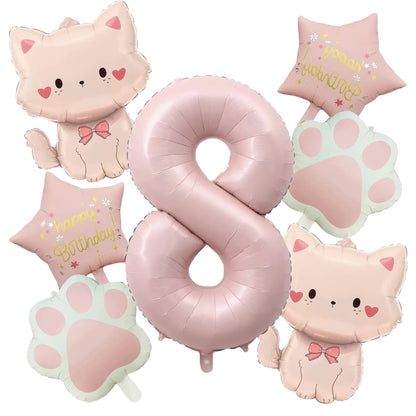 Ballons anniversaire chat rose | Lot de 7 pièces