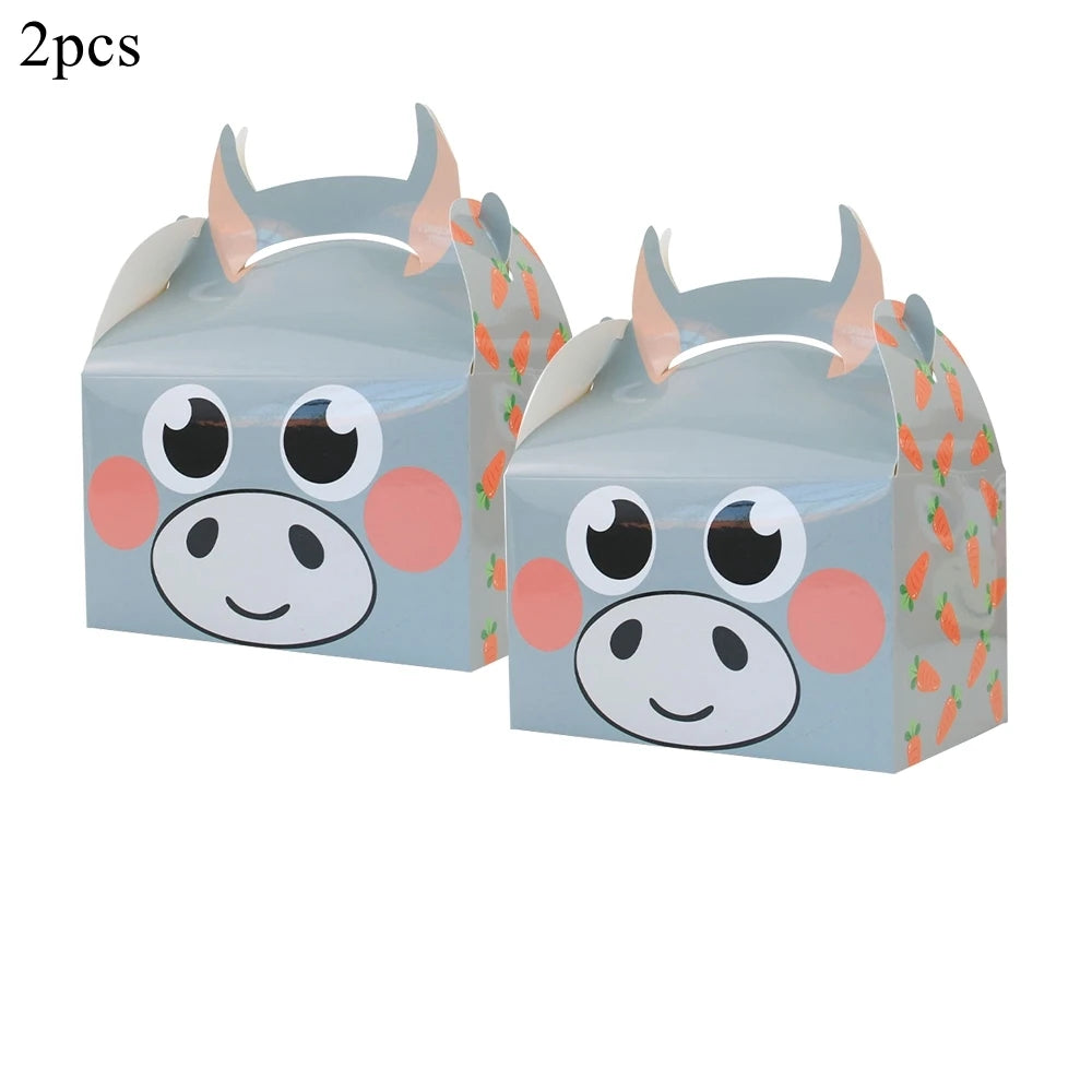 2PCS Cute Animal Paper Candy Boxes Cow Pig Biscuit Packaging Box Farmland Themed Birthday Party Supplies DIY Kids Gifit Bags