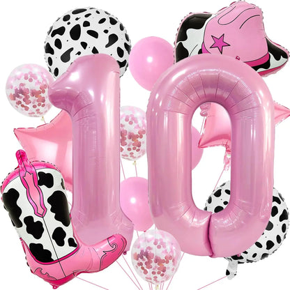 Pink Cowboy Boots & Hat Foil Balloons Set for Farm Birthday Decorations, Western Theme Party Supplies with Number Balloons