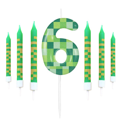 7pcs Green my world Candle Birthday Party Pixel Theme Birthday Party Video Game Party Decoration 0-9 Cake Top Digital Candles