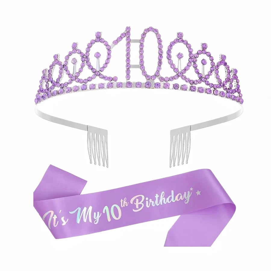 2pc/set Birthday Tiara Crown Sash Women Girls 3th 4th 5th 6th 7th 8th 9th 10th  Happy Birthday Party Favors Decorations Gift