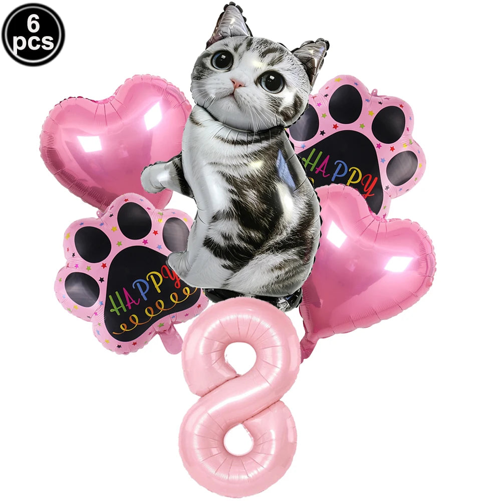 Cat Party Balloons Set Pink Blue Kitten Cat's Paw Foil Balloon with 32'' Number Balloons for Boy Girl 1-9th Birthday Party Decor