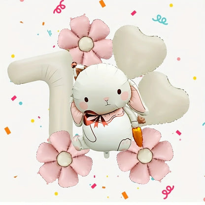 7pcs Adorable Rabbit Daisies Balloon Set 40 Inch Cream White Number 1-9 Birthday Balloon Cartoon Rabbit Easter Party Decoration
