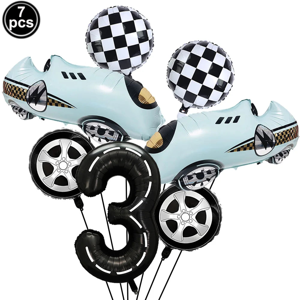 7 Pcs Race Car Birthday Balloons 40 Inch Racetrack Black Number 3 Balloon for 3st Birthday Race Car Theme Party Decor Supplies