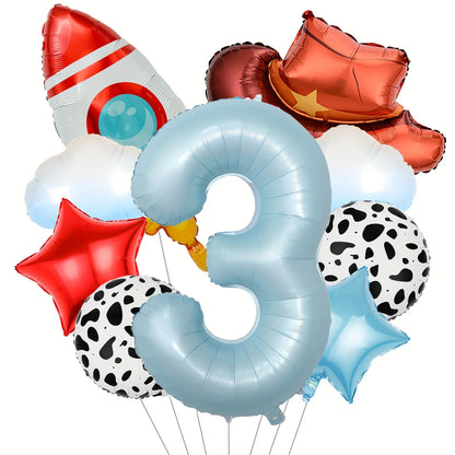 9Pcs Cloud Rocket Cowboy Hat Balloon Set Digital Numbers for Birthday Western Party Baby Shower Christening Wedding Celebration