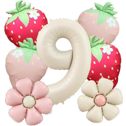 7Pcs Fruit Strawberry Flower Foil Balloon with 40inch Cream Number Balloon Berry First Birthday Sweet Summer Party Supplies