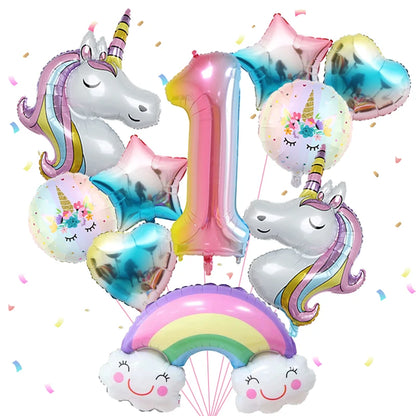 1set Rainbow Unicorn Girl Balloon Aluminum Film Balloon Set with Smiling Rainbow Foil 1st Newborn Party Decoration Supplies