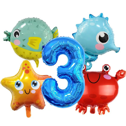 5pcs Ocean Themed Cartoon Animal Balloons 32 inch Blue Number Birthday Balloon Set Festive Party Decoration Birthday Supplies