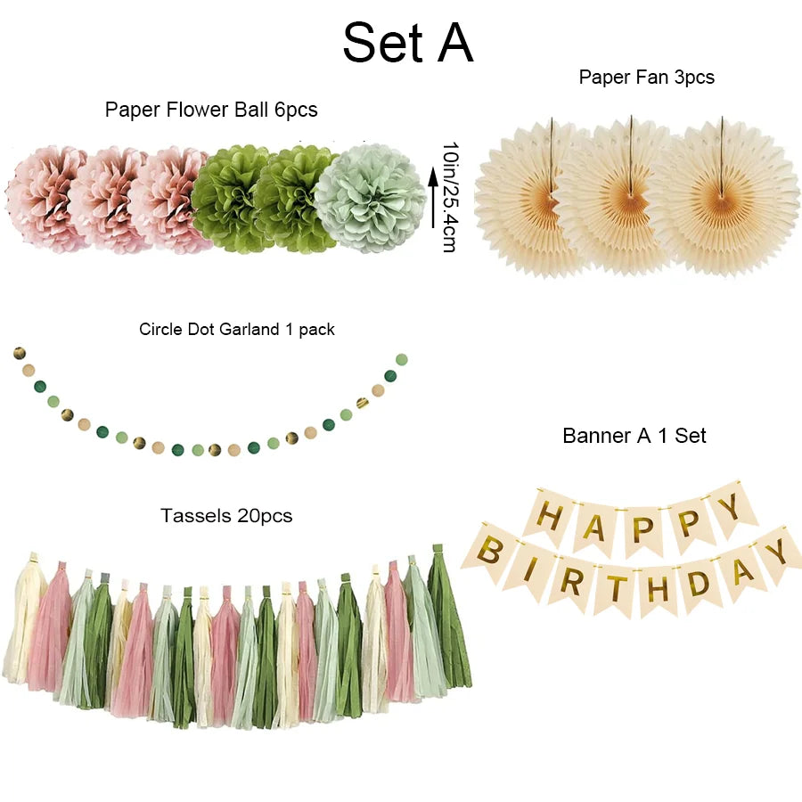 Kit Décoration Anniversaire | Guirlande, Fanions & Pompons Vert et Rose