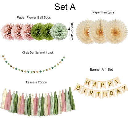 Kit Décoration Anniversaire | Guirlande, Fanions & Pompons Vert et Rose