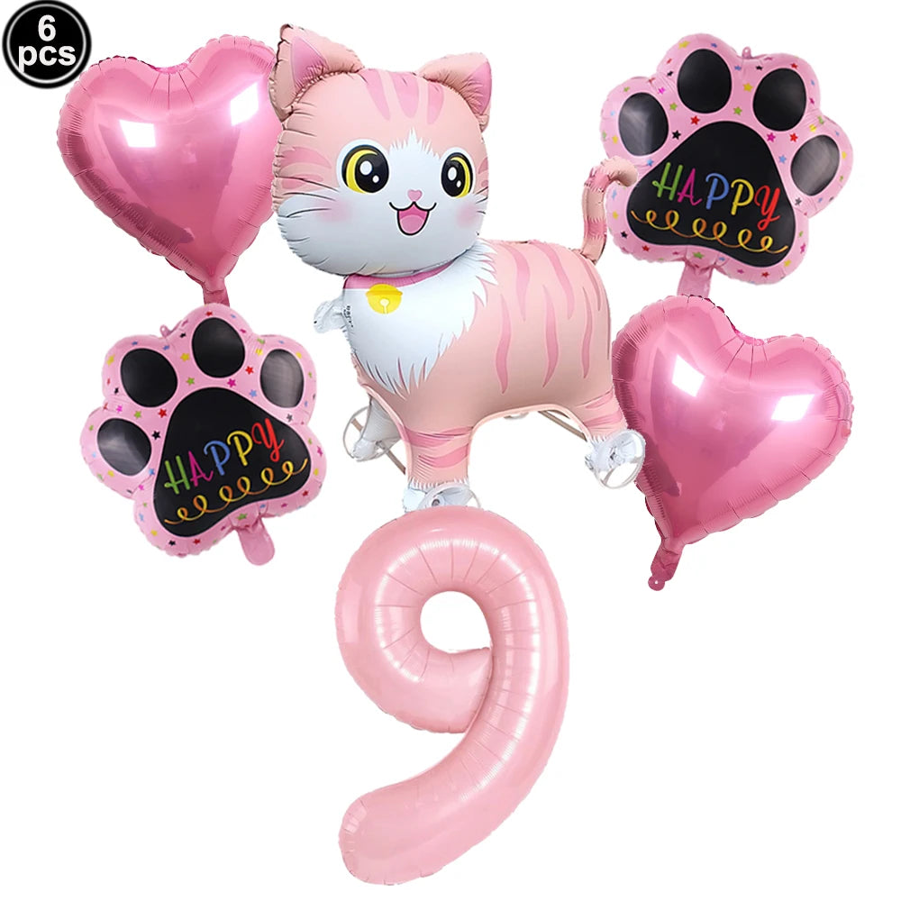 Cat Party Balloons Set Pink Blue Kitten Cat's Paw Foil Balloon with 32'' Number Balloons for Boy Girl 1-9th Birthday Party Decor