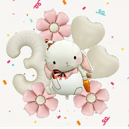 7pcs Adorable Rabbit Daisies Balloon Set 40 Inch Cream White Number 1-9 Birthday Balloon Cartoon Rabbit Easter Party Decoration