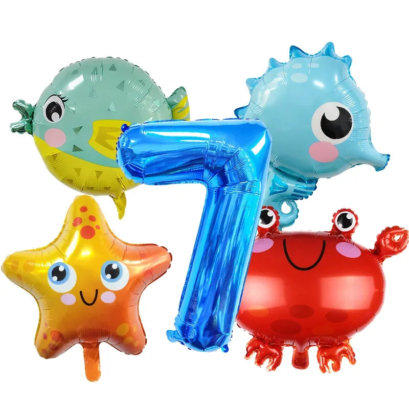 5pcs Ocean Themed Cartoon Animal Balloons 32 inch Blue Number Birthday Balloon Set Festive Party Decoration Birthday Supplies