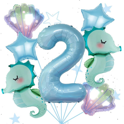 7Pcs Under the Sea World Themed Party Balloon Set New Seahorse 40Inch Blue Number Decor Foil Balloons Birthday Decoration Gifts