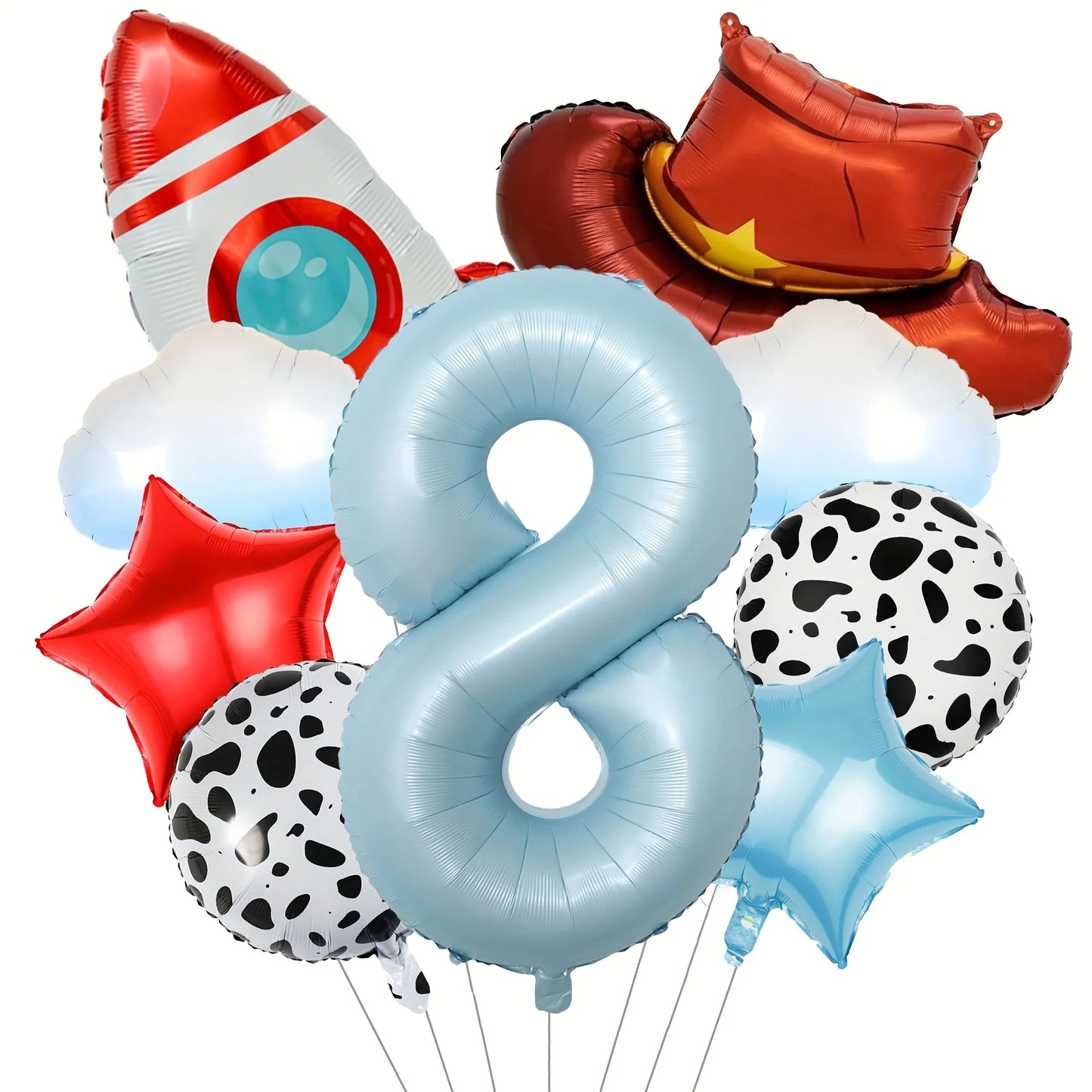 9Pcs Cloud Rocket Cowboy Hat Balloon Set Digital Numbers for Birthday Western Party Baby Shower Christening Wedding Celebration