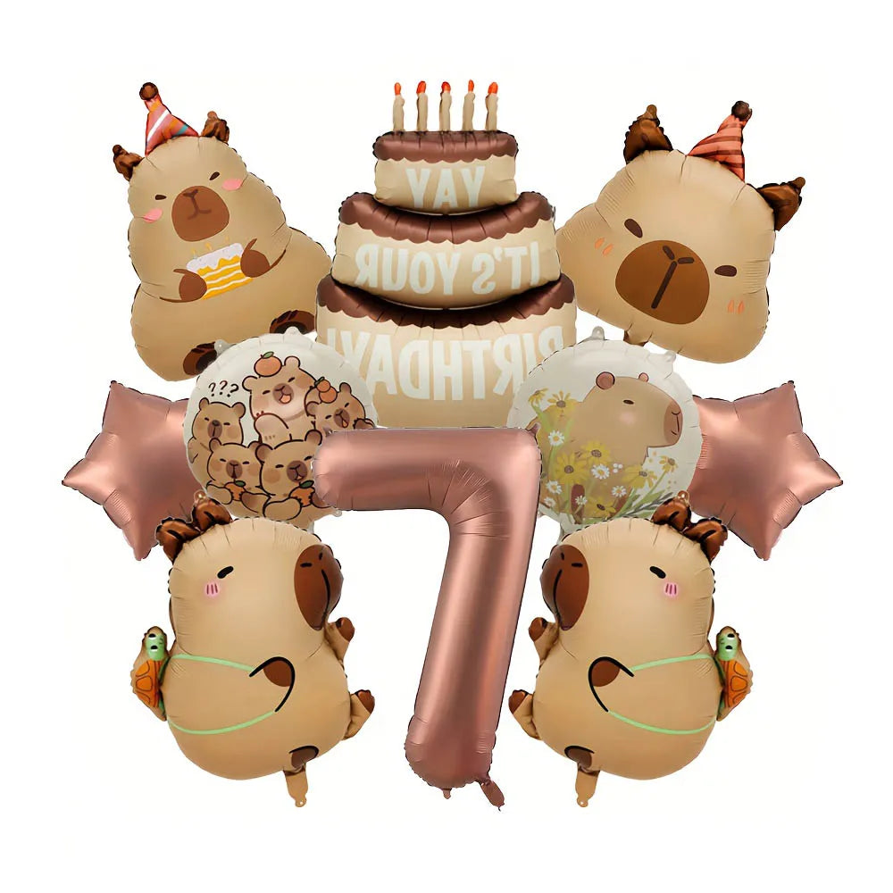 10Pcs Cartoon Animal Capybara Theme Birthday Cake Foil Balloon Children Birthday Party Coffee Number  Balloon Baby Shower Decora