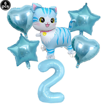 Cat Party Balloons Set Pink Blue Kitten Cat's Paw Foil Balloon with 32'' Number Balloons for Boy Girl 1-9th Birthday Party Decor