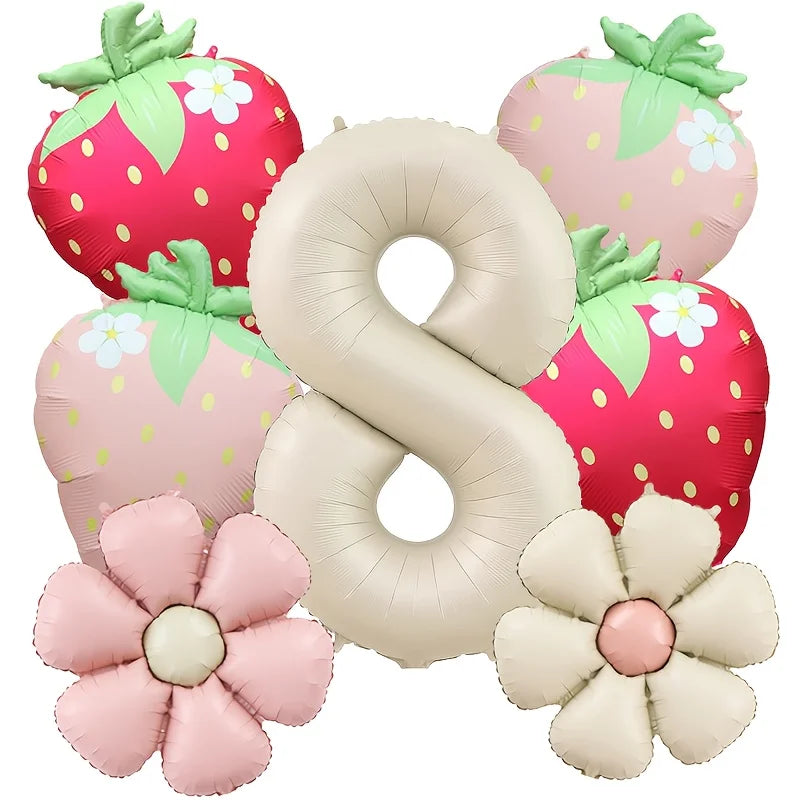 7Pcs Fruit Strawberry Flower Foil Balloon with 40inch Cream Number Balloon Berry First Birthday Sweet Summer Party Supplies