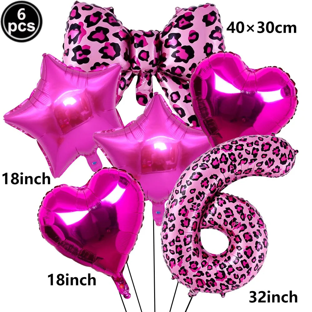 Ballon Chiffre Léopard Rose| Noeud | Lot de 6 Pièces