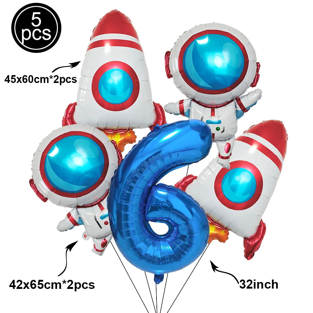1Set Galaxy Space Balloons Blue 32inchNumber Balloons Rocket Astronaut Balloons for Boys Galaxy Themed Party Birthday Decoration