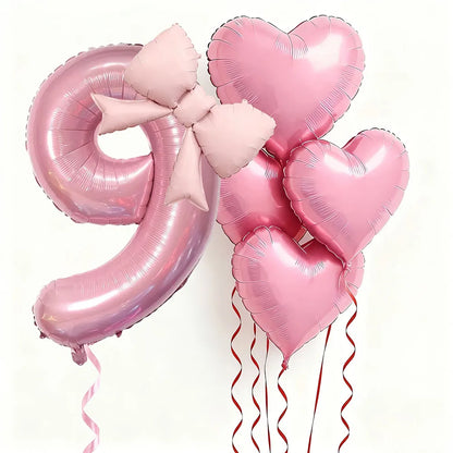 6pcs Pink Bow Heart Balloon with 32Inch Pink Number Foil Balloon for Birthday Party Wedding Engagements Anniversaries Decoration