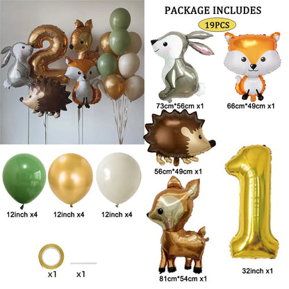 Hedgehog Deer Fox Rabbit Balloon Set Gold Number Balloon for Boy's Woodland Animal Happy Birthday Party Decorations Kids Gifts