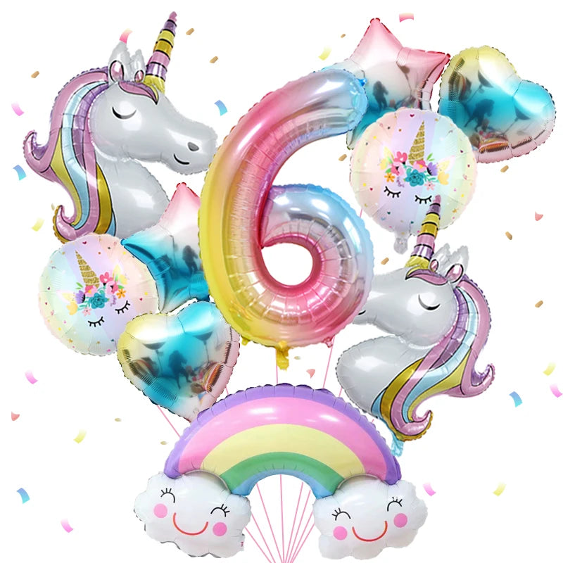 1set Rainbow Unicorn Girl Balloon Aluminum Film Balloon Set with Smiling Rainbow Foil 1st Newborn Party Decoration Supplies