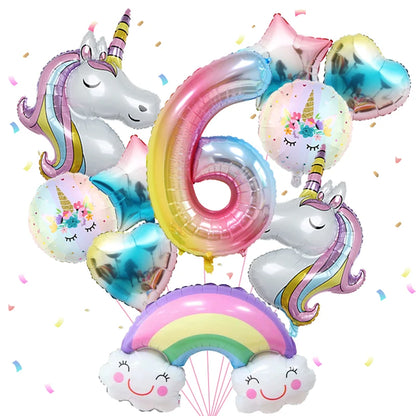 1set Rainbow Unicorn Girl Balloon Aluminum Film Balloon Set with Smiling Rainbow Foil 1st Newborn Party Decoration Supplies