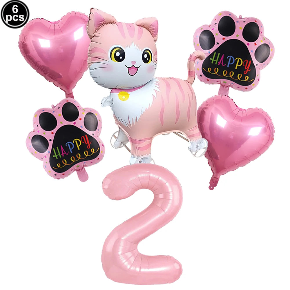 Cat Party Balloons Set Pink Blue Kitten Cat's Paw Foil Balloon with 32'' Number Balloons for Boy Girl 1-9th Birthday Party Decor