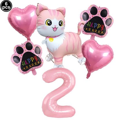 Cat Party Balloons Set Pink Blue Kitten Cat's Paw Foil Balloon with 32'' Number Balloons for Boy Girl 1-9th Birthday Party Decor