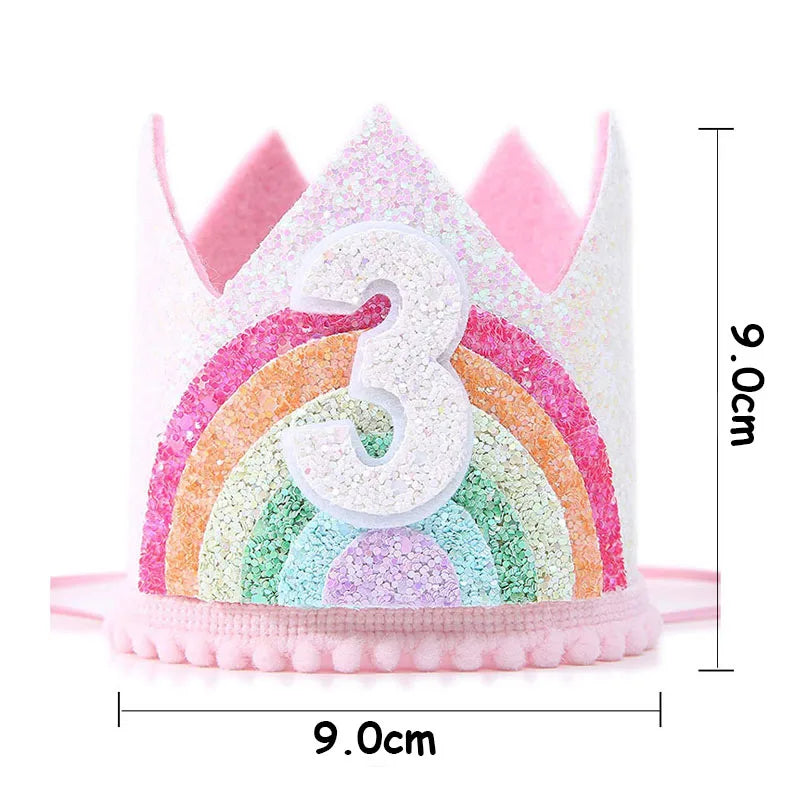 Felt Rainbow Theme Birthday Party Crown 1st 2nd 3rd Happy Birthday Party Decor Kids Baby Shower Party Number Hat Unicorn Party