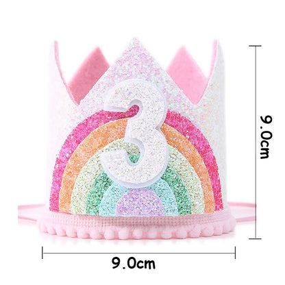 Felt Rainbow Theme Birthday Party Crown 1st 2nd 3rd Happy Birthday Party Decor Kids Baby Shower Party Number Hat Unicorn Party