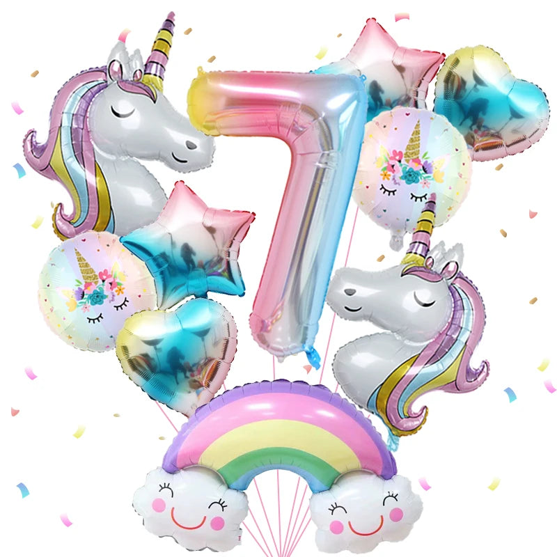 1set Rainbow Unicorn Girl Balloon Aluminum Film Balloon Set with Smiling Rainbow Foil 1st Newborn Party Decoration Supplies