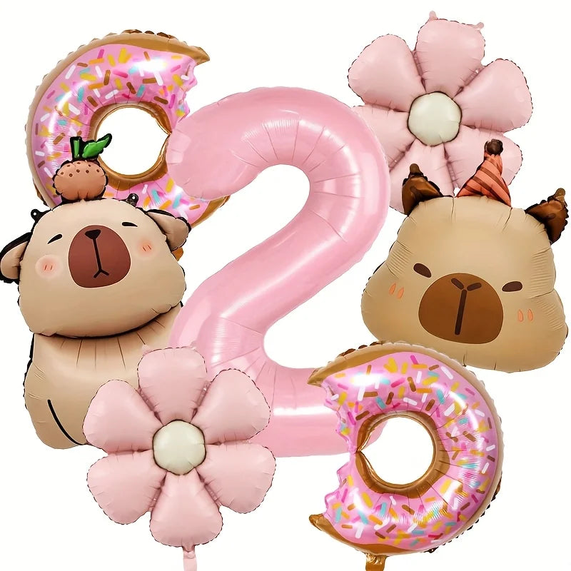 Cartoon Dolphin Pink Daisy Flower Happy Birthday Balloon Doughnut Set 32inch Pink Digit Capibara Theme Party Globos Supplies