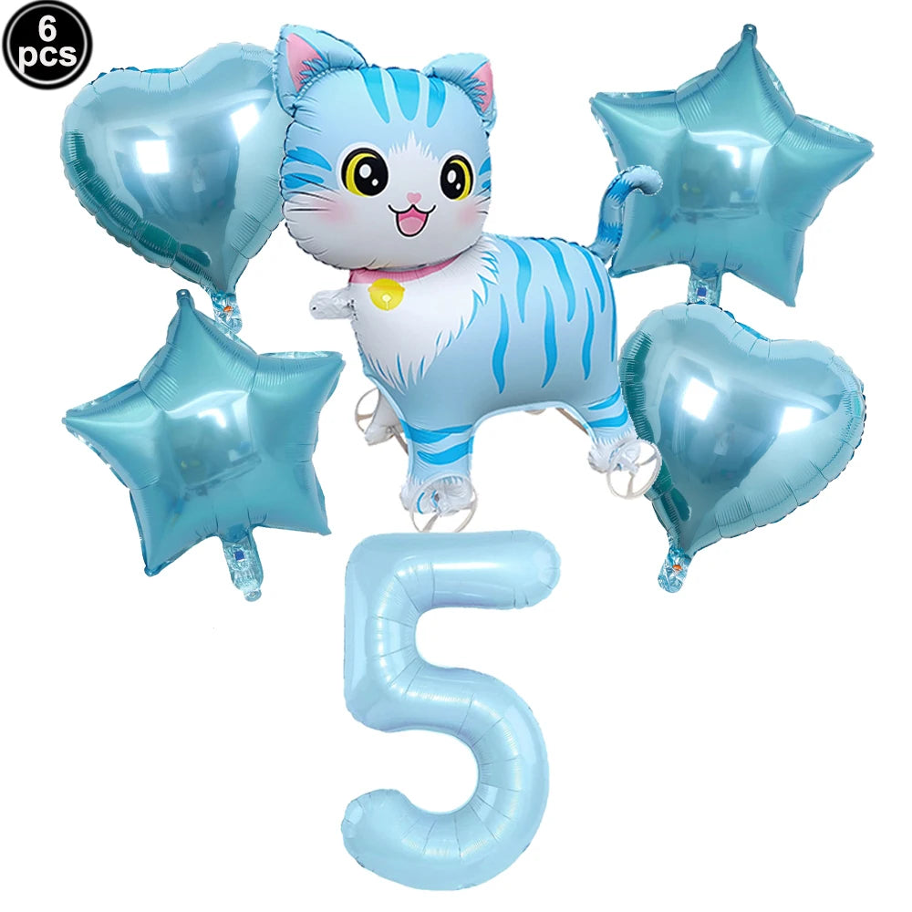 Cat Party Balloons Set Pink Blue Kitten Cat's Paw Foil Balloon with 32'' Number Balloons for Boy Girl 1-9th Birthday Party Decor