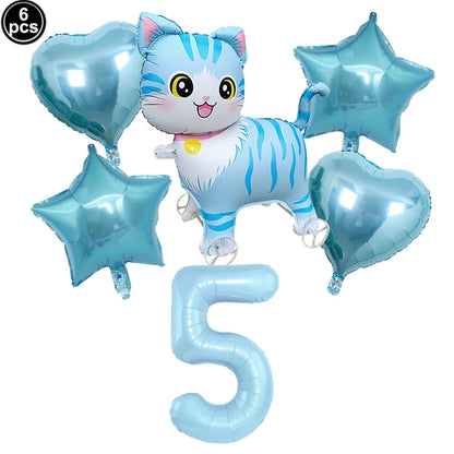 Cat Party Balloons Set Pink Blue Kitten Cat's Paw Foil Balloon with 32'' Number Balloons for Boy Girl 1-9th Birthday Party Decor