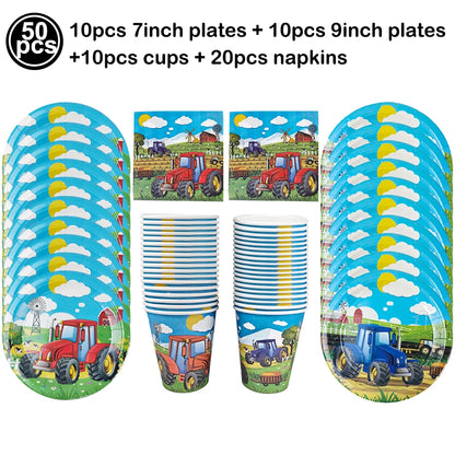 Green Tractor Disposable Tableware Plate Cup Tablecloth Truck Balloon Kids Birthday Party Baby Shower Decoration Supplies ﻿