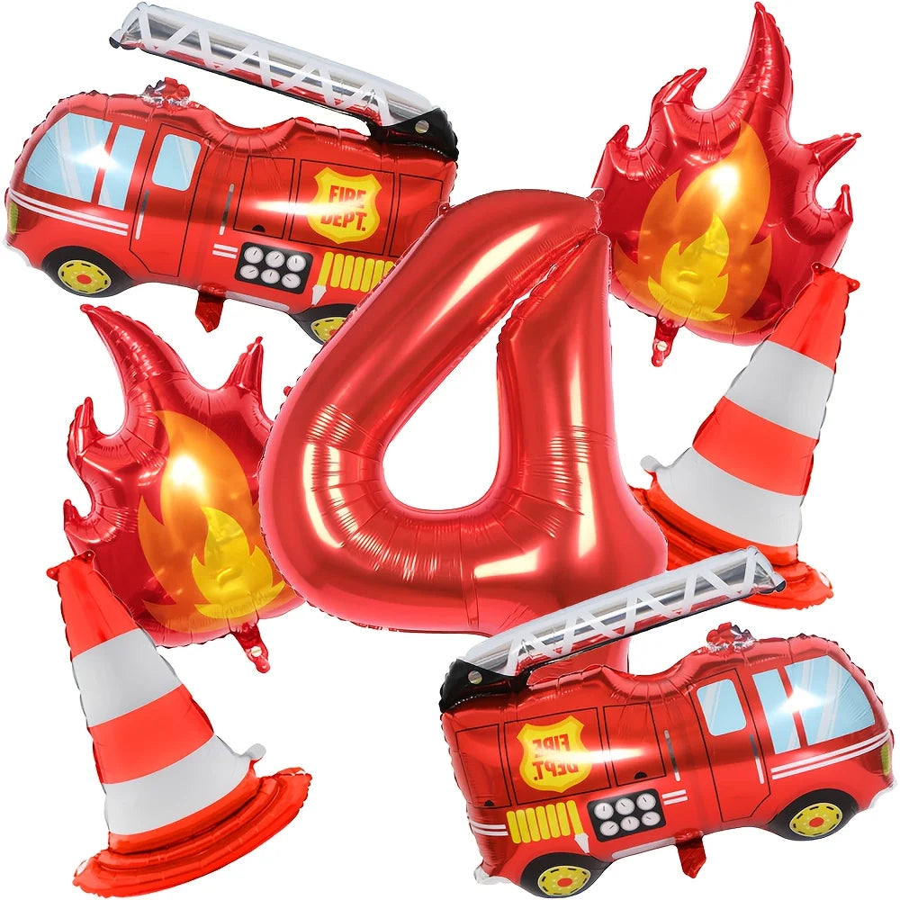 1Set Fire Truck Balloons Set Red 32Inch Number Balloon Flame Balloons For Baby Shower Firefighter Birthday Party Decoration